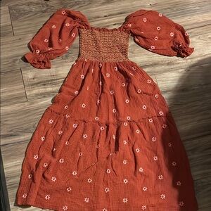 Rust Smocked Maxi Dress with Floral Embroidery